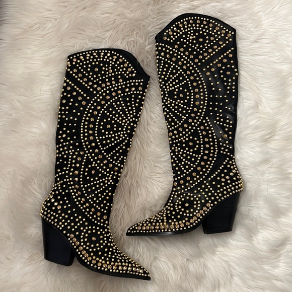 Studded Western Stacked Heel Boots - Black - Picture 1 of 2